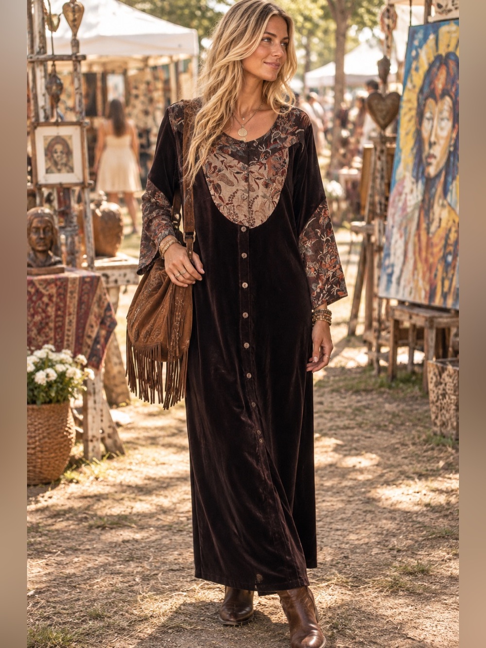Vtg April Cornell Velvet Maxi Dress M Brown Floral Whimsigoth Boho 90s India